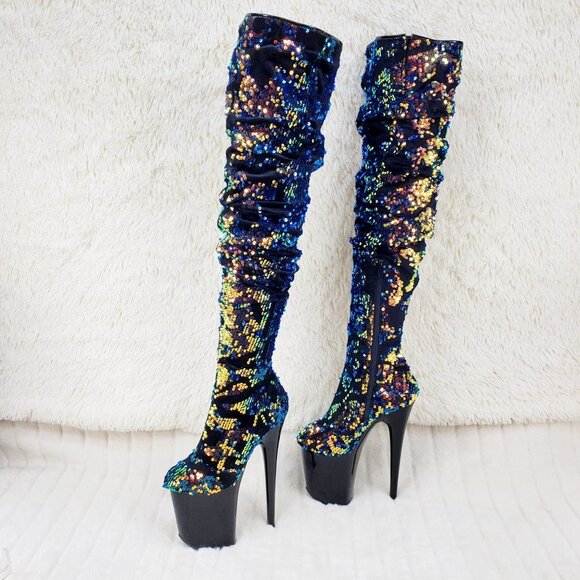 Sequin Platform 8" Heels Thigh High Slouch Boots Flamingo 3004 - Picture 3 of 16